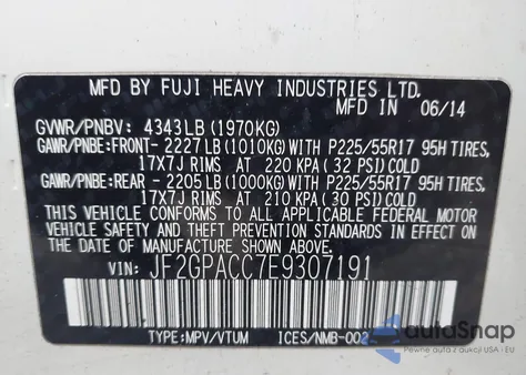 2014 Subaru Xv Crosstrek 2.0I Premium z USA, uszkodzony, nr VIN JF2GPACC7E9307191